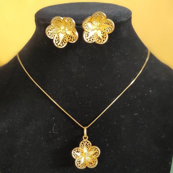 Filigree Earrings and necklace, 100% handmade 18 K gold plated silver 925. - Picture 10 of 11